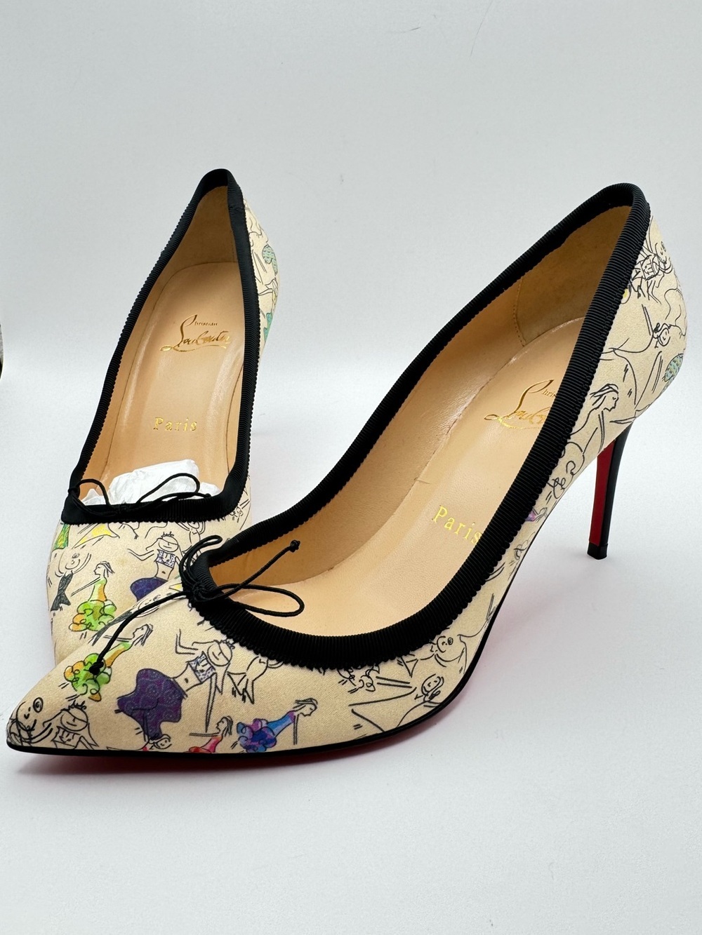 Christian Louboutin Solasofia Bambola Print Satin Pointed Toe Pumps Sz 36.5